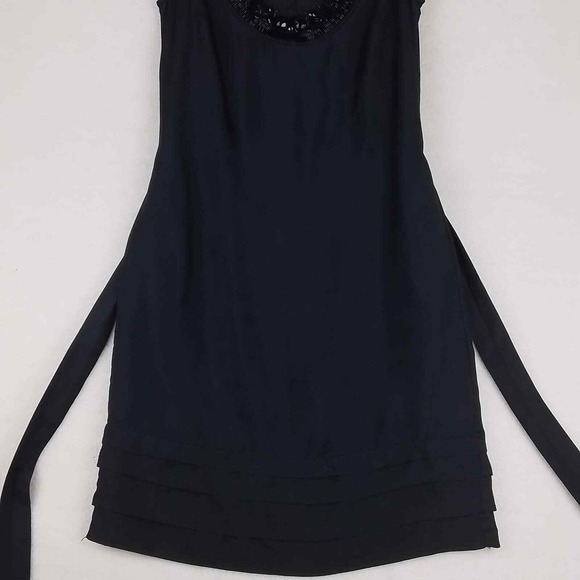 Banana Republic Dress XS Black 100% Silk Sleeveless Beaded Neck Belted Sheath - Picture 5 of 11